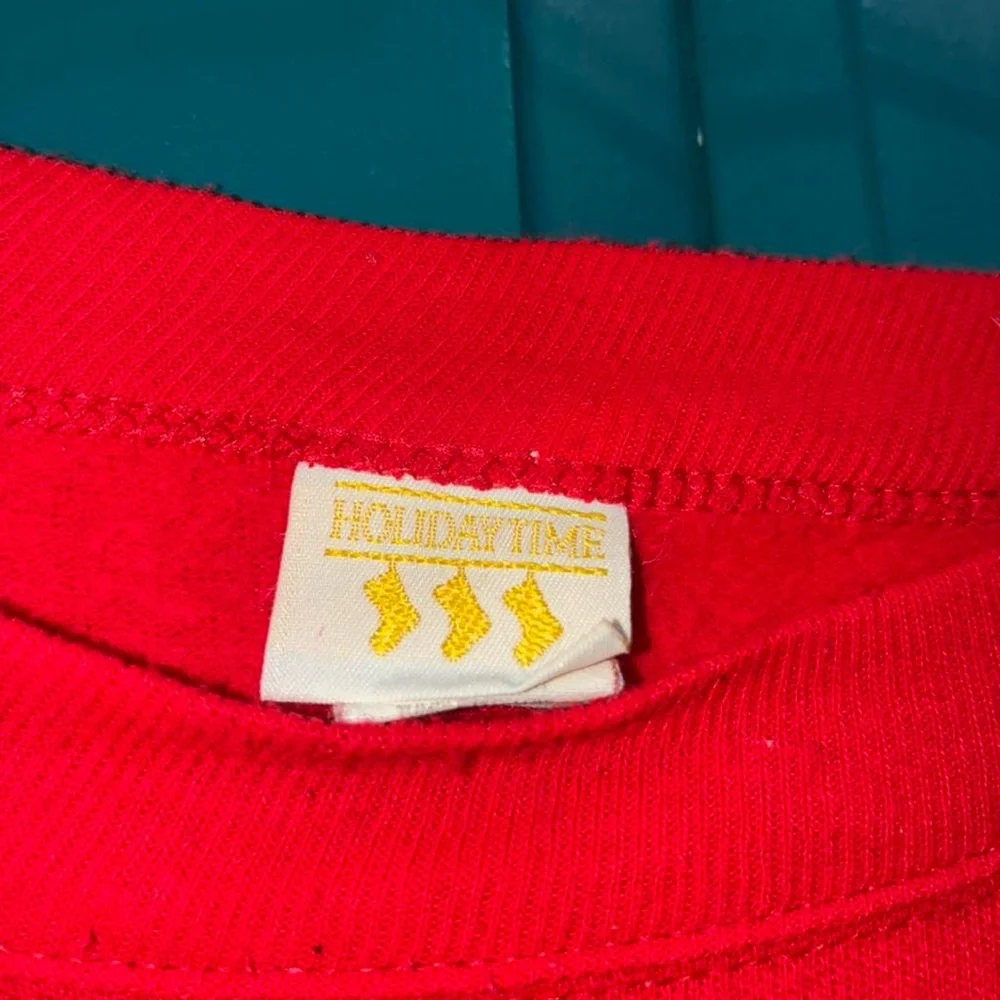 Holiday Time Red Santa Crewneck Sweater with Green Accents and Gold Trim